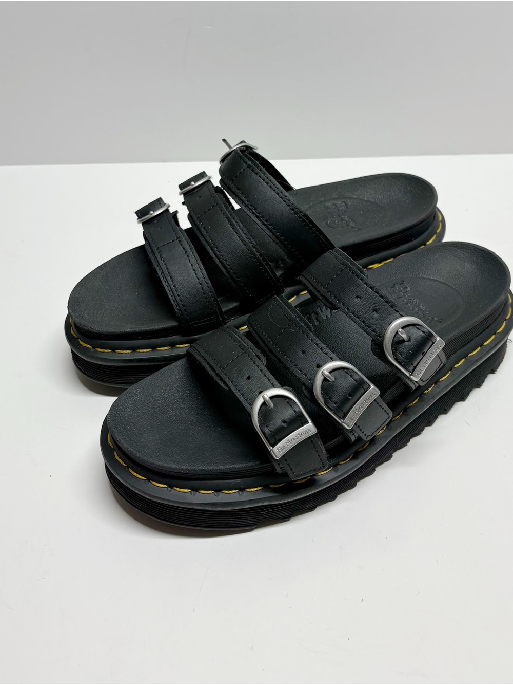 Dr. Martens Blaire Black Leather Slide Sandal Buckles Chunky Size 6